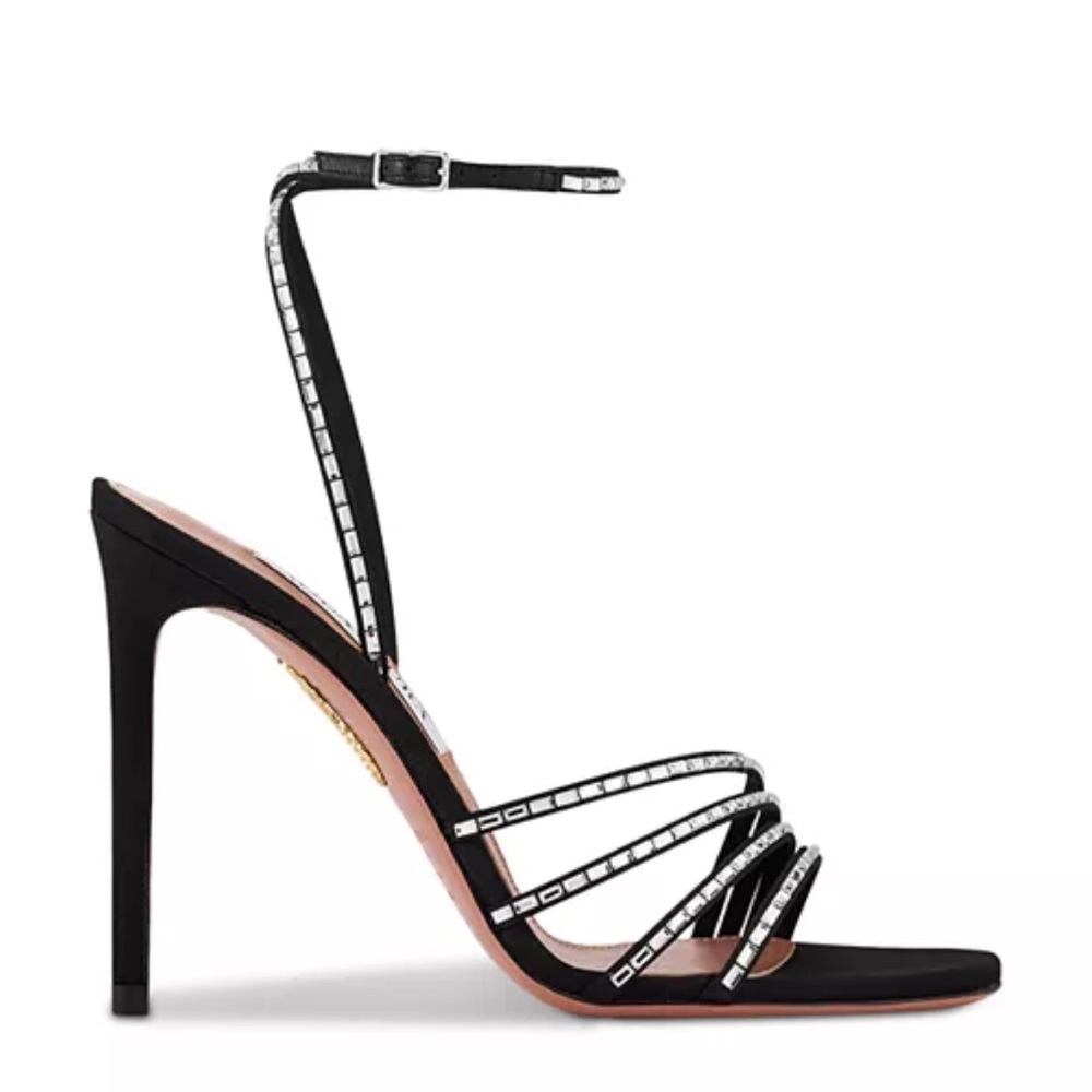 Aquazzura Mistica 105 Crystal Sandals Black Strappy Stiletto Heels EU 39.5 NWT